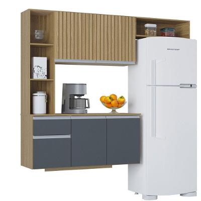 Kit Cozinha Suspensa Mel Com Balcão 163cm Poquema Móveis Damasco - Ripado - Cinza