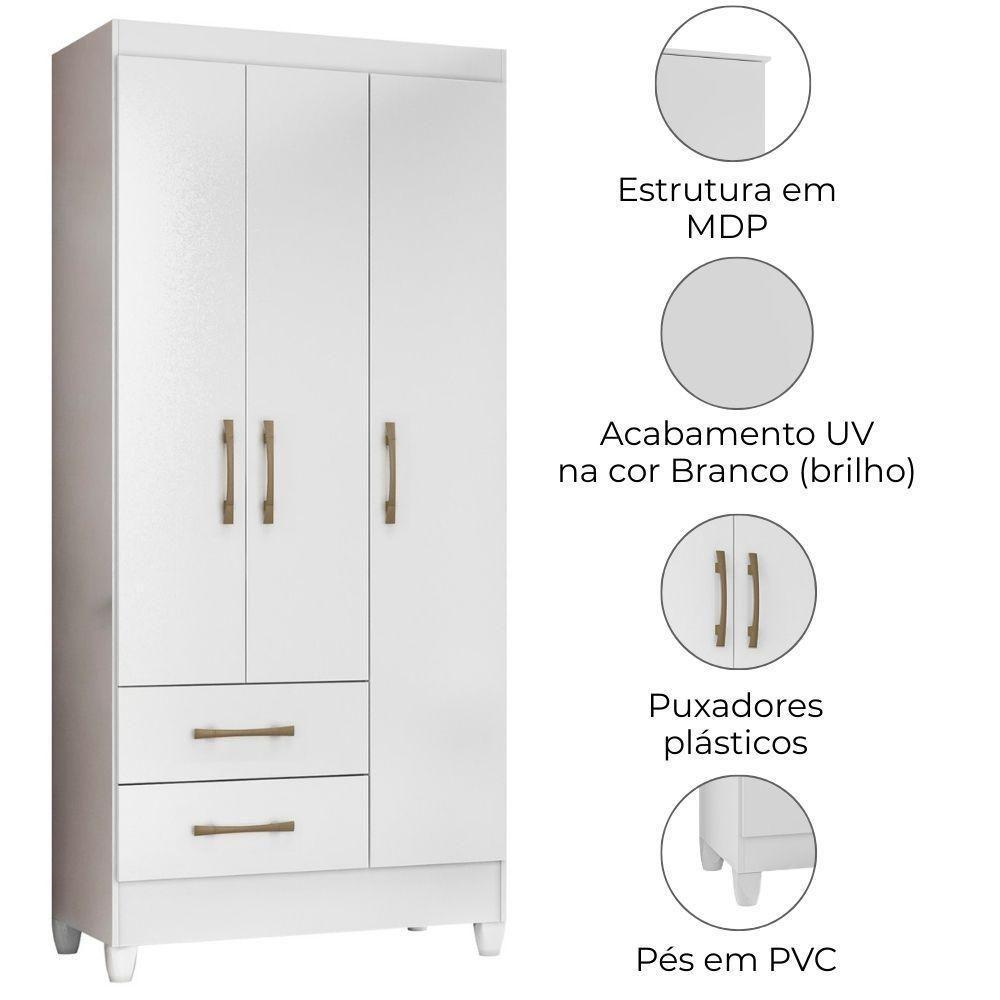 Guarda Roupa Solteiro Lima 3 Portas 182x82 Cm Branco Flex Moval Branco Flex - 2