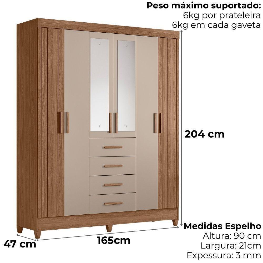 Guarda Roupa Casal Espelho 6p 165 Cm Aruba Carvalho Fendi Friso Moval - 3