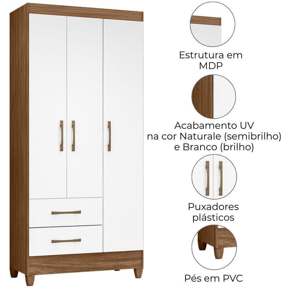 Guarda Roupa Solteiro Lima 3 Portas 182x82 Cm Naturale Branco Moval - 5