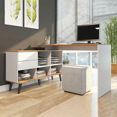 Mesa Home Office Com Estante 145x128cm 2 Gavetas Menu Móveis Branco