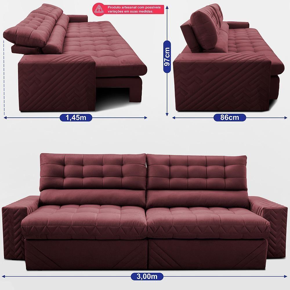 Sofá Retrátil E Reclinável 3,00m Molas Ensacadas Max Spring. Velusoft Cama Inbox Vinho - 3