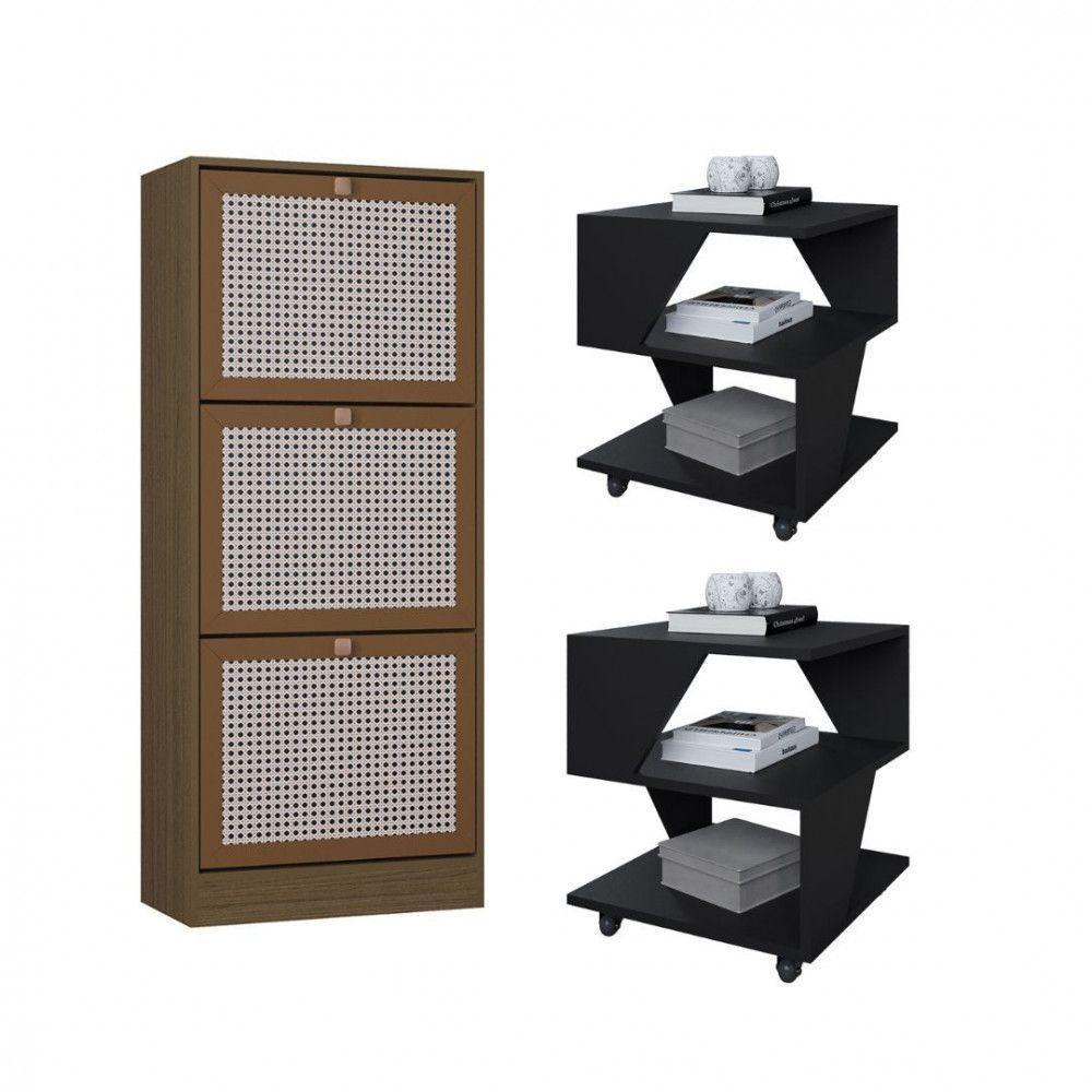 Kit Sapateira Spin Tropical 3 Portas E 2 Mesas De Cabeceira Preto-carvalho - 1