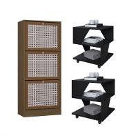 Kit Sapateira Spin Tropical 3 Portas E 2 Mesas De Cabeceira Preto-carvalho - 1