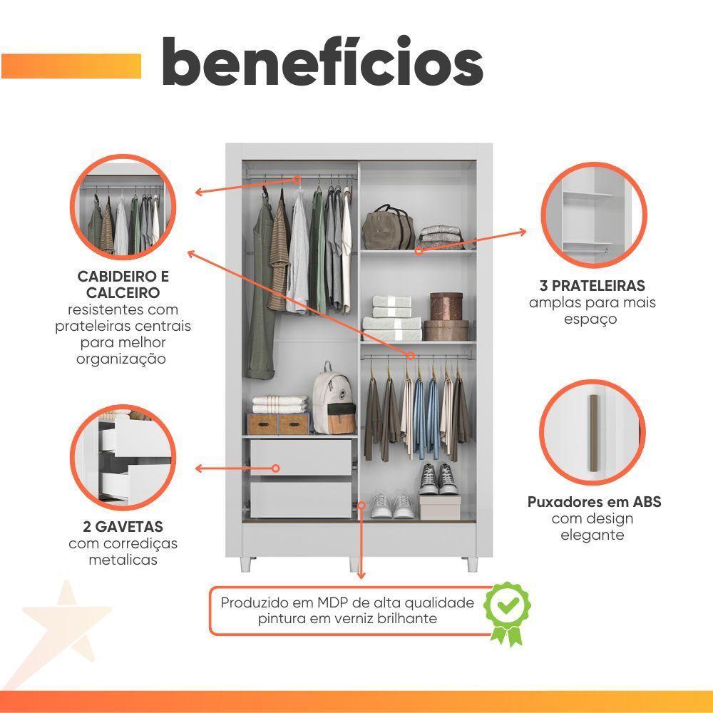 Guarda Roupas Solteiro Com 2 Portas De Correr 2 Gavetas Bélgica Andirá Branco - 4