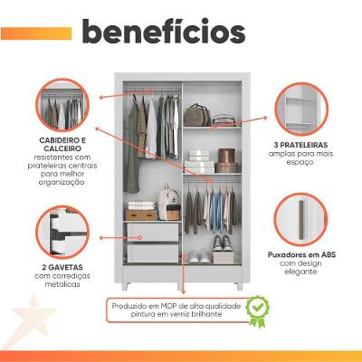 Guarda Roupa Solteiro Bélgica 2 Portas de Correr 2 Gavetas Branco MDP Santos Andirá