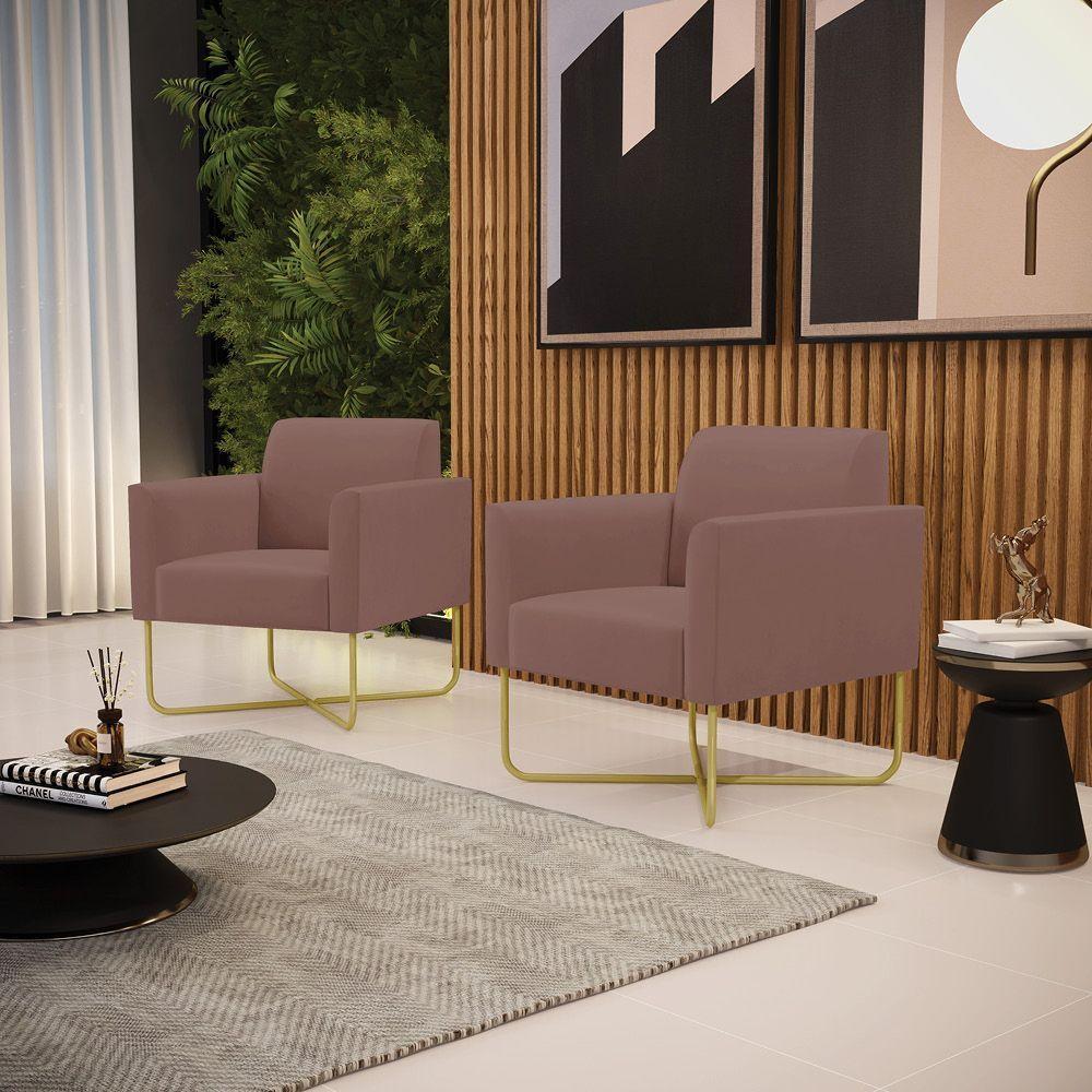 Kit 2 Poltronas Base X Industrial Dourado Marisa Veludo Rose - 1