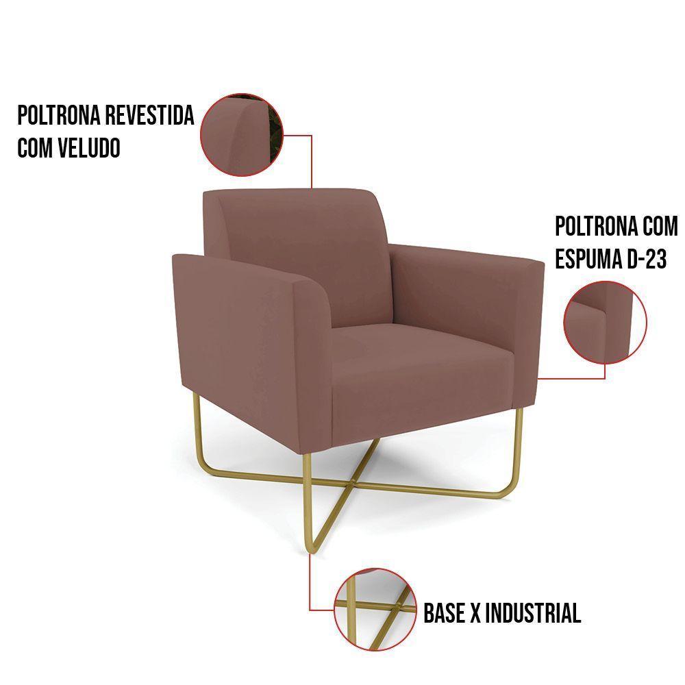 Kit 2 Poltronas Base X Industrial Dourado Marisa Veludo Rose - 5