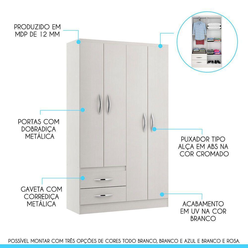 Guarda-roupa Pequeno Com 4 Portas 2 Gavetas Mdp Menu Móveis Branco - 3