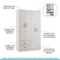 Guarda-roupa Pequeno Com 4 Portas 2 Gavetas Mdp Menu Móveis Branco - 3