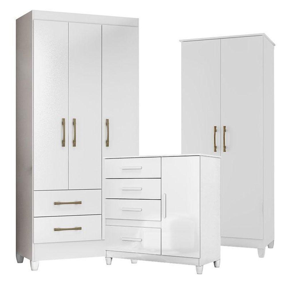 Guarda Roupa Infantil Lima Com Cômoda Vênus Com Pés E Armário Multiuso Jade Branco Brilho – Moval - 1