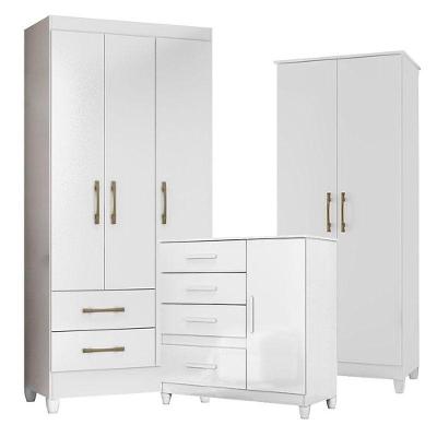 Guarda Roupa Infantil Lima Com Cômoda Vênus Com Pés E Armário Multiuso Jade Branco Brilho – Moval