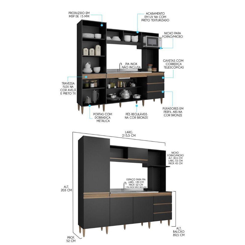 Kit Cozinha Compacta Balcão Tampo Bancada Ilha Menu Móveis Preto - 2