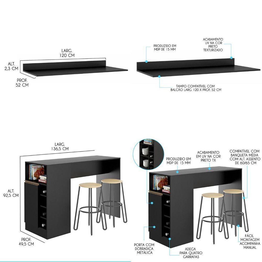 Kit Cozinha Compacta Balcão Tampo Bancada Ilha Menu Móveis Preto - 3
