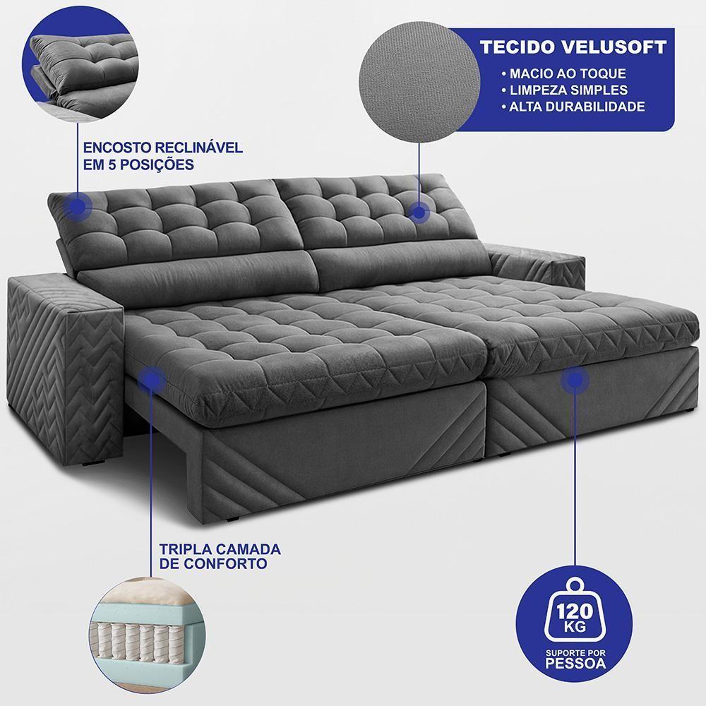 Sofá Retrátil E Reclinável 3,00m Molas Ensacadas Max Spring. Velusoft Cama Inbox Cinza - 2