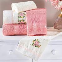 Jogo De Banho Bordado Ponto Russo Algodão 5 Peças - Palha-rosa - 1