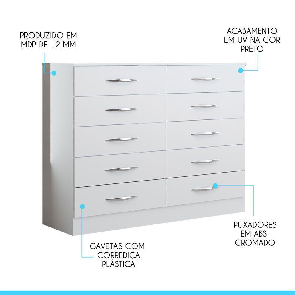 Cômoda Casal 10 Gavetas 117x92cm Mdp Branco 3017 Menu Móveis Branco - 3