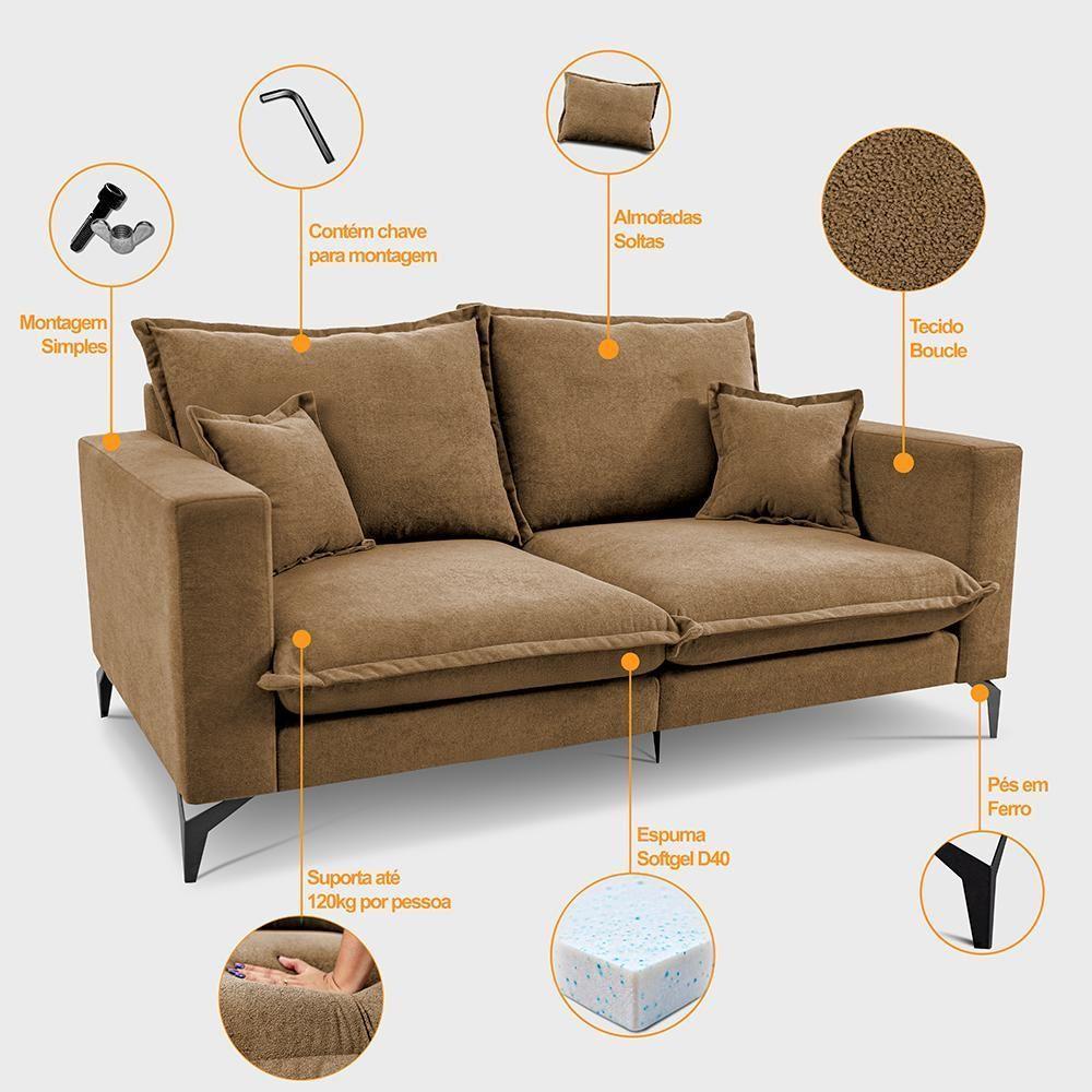 Sofá 2 Lugares Modular Boma. 1,70m Boucle Sofá Inbox Caramelo. - 4