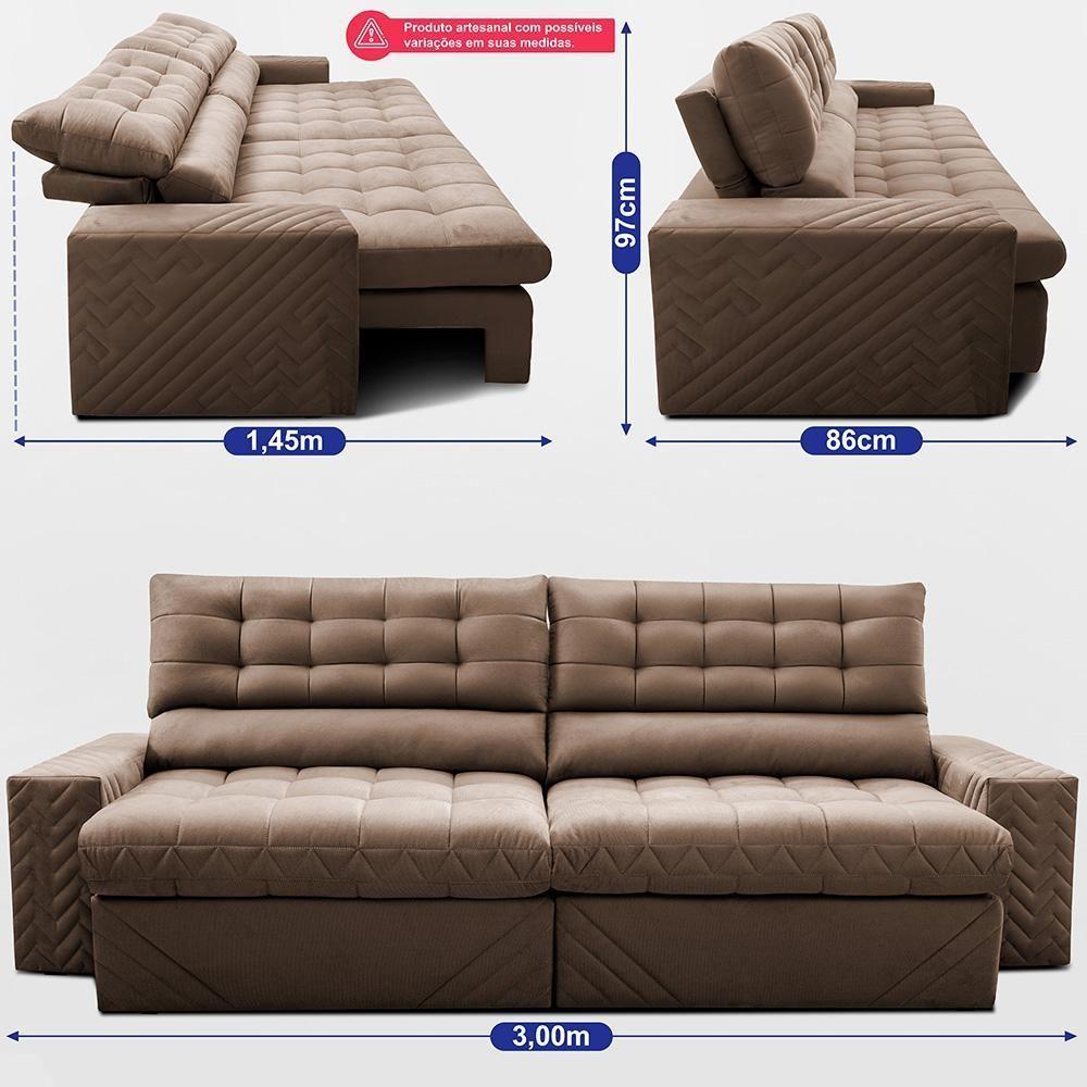 Sofá Retrátil E Reclinável 3,00m Molas Ensacadas Max Spring. Velusoft Cama Inbox Castor - 3