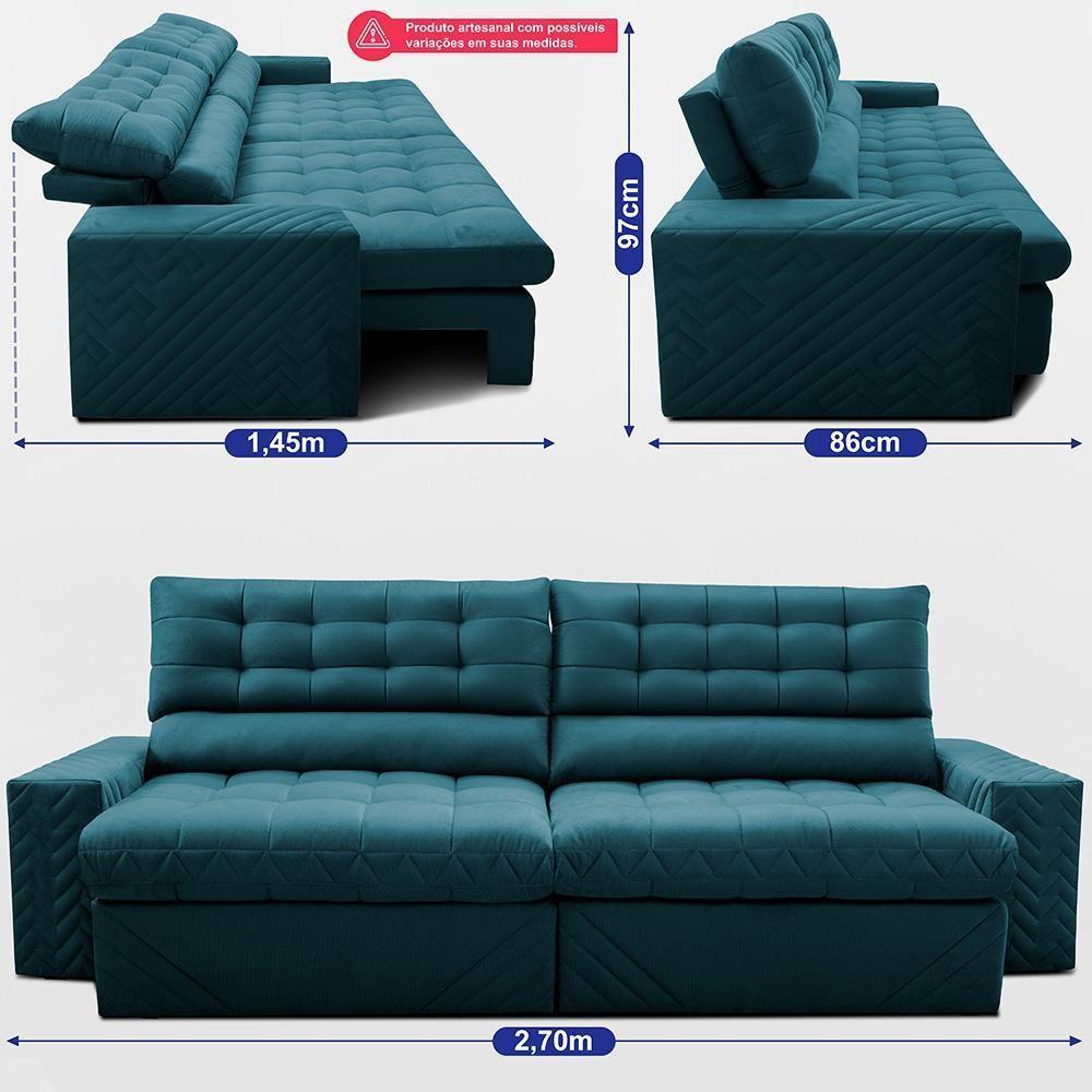 Sofá Retrátil E Reclinável 2,70m Molas Ensacadas Max Spring. Velusoft Cama Inbox Petróleo - 3