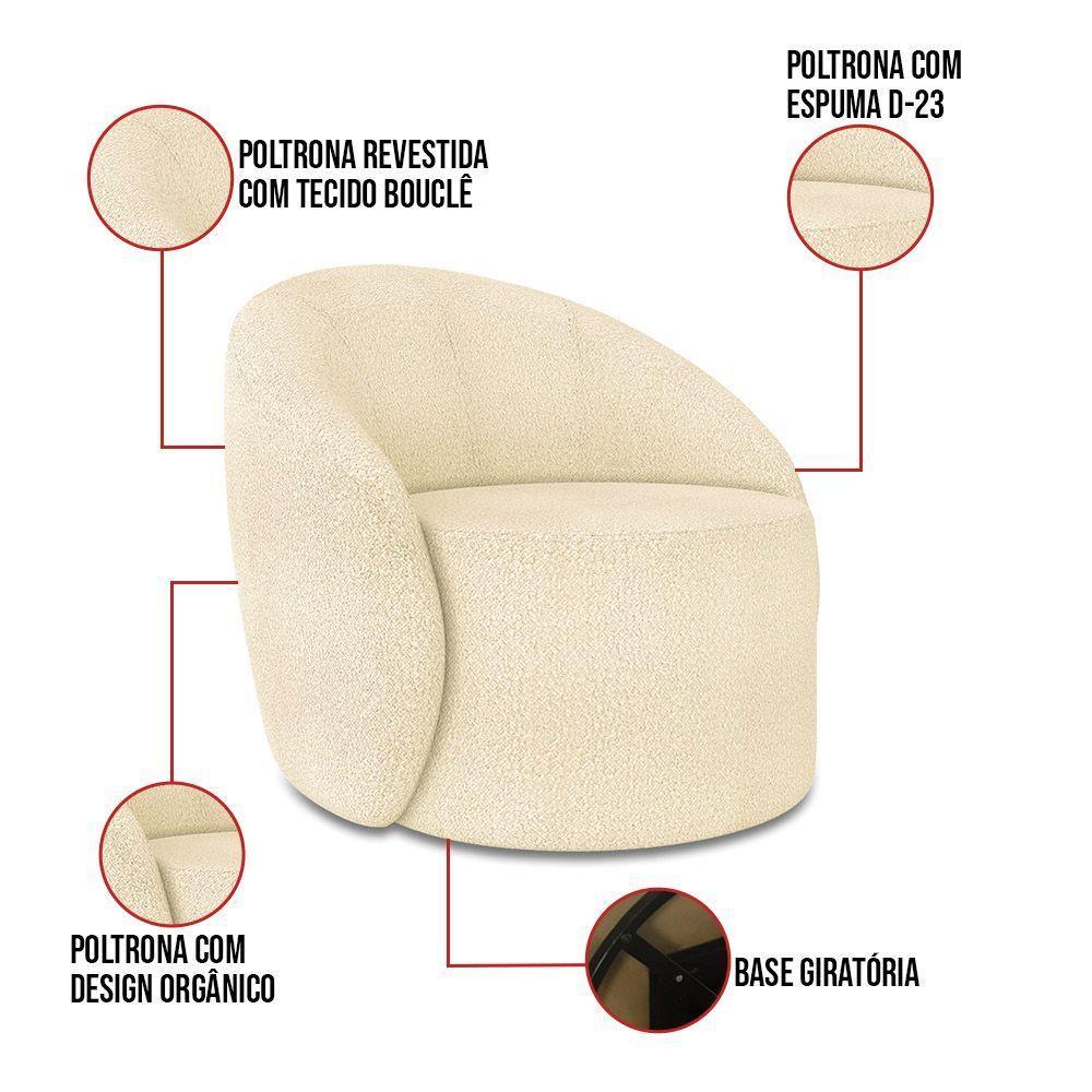 Sofá 3 Lugares Orgânico 180cm Morgan E 2 Poltronas Lua Bouclê Bege - 7