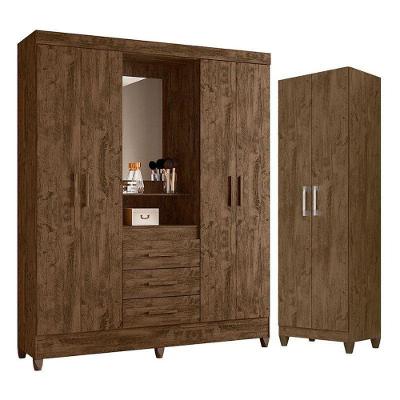 Guarda Roupa Casal Capelinha Capri E Armário Multiuso New íris Castanho Wood - Moval