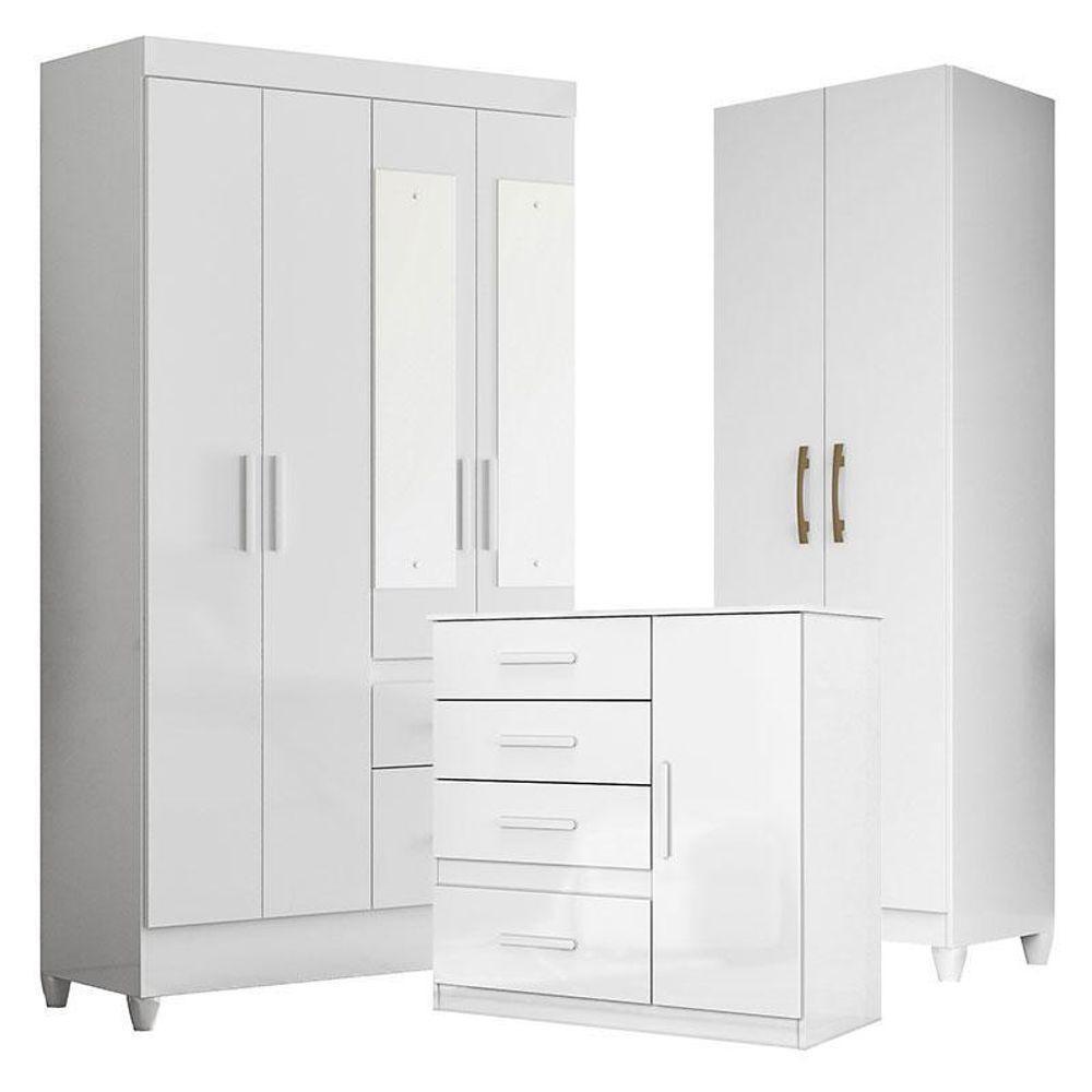 Guarda Roupa Com Espelho Infantil Madri Com Cômoda Vênus E Armário Multiuso New íris Branco Brilho – Moval - 1