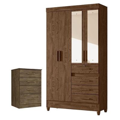 Guarda Roupa Solteiro Sobral 4 Portas 4 Gavetas Castanho Wood Fosco com Espelho