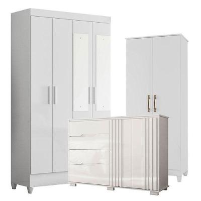 Guarda Roupa Com Espelho Infantil Sobral Com Cômoda Texas E Armário Multiuso Jade Branco Brilho – Moval