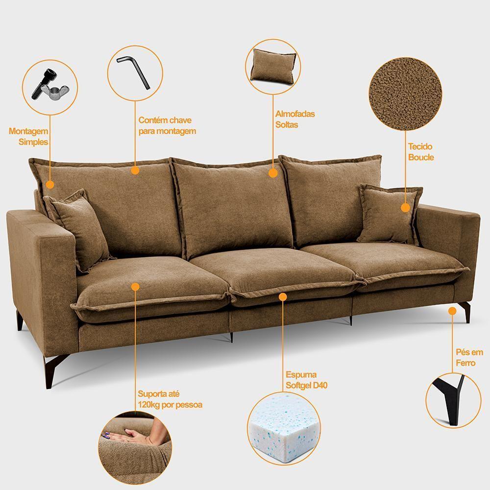 Sofá 3 Lugares Modular Boma. 2,40m Boucle Sofá Inbox Caramelo. - 4