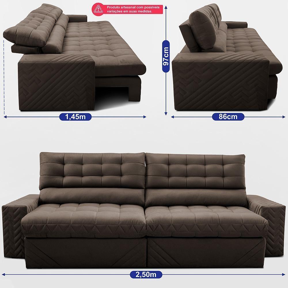 Sofá Retrátil E Reclinável 2,50m Molas Ensacadas Max Spring. Velusoft Cama Inbox Café - 3