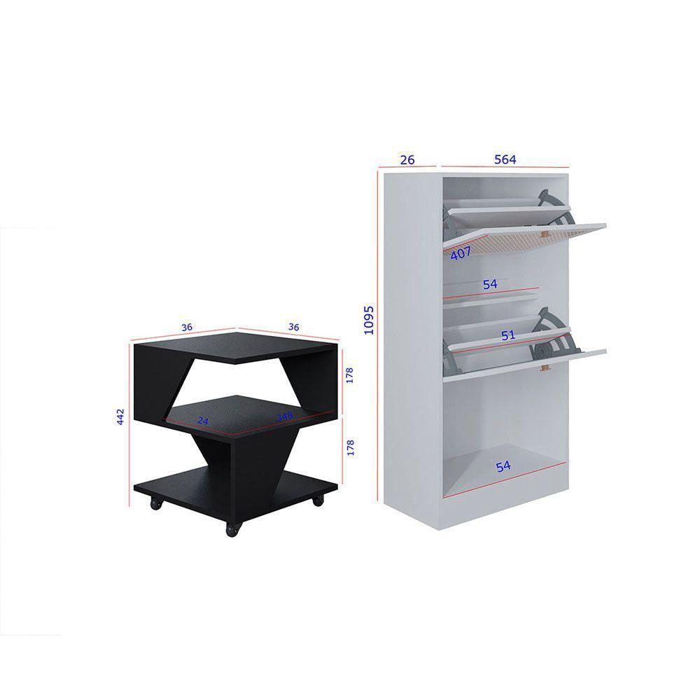 Kit Sapateira 2 Portas E 2 Mesas De Cabeceira-centro Poquema Preto-branco - 4