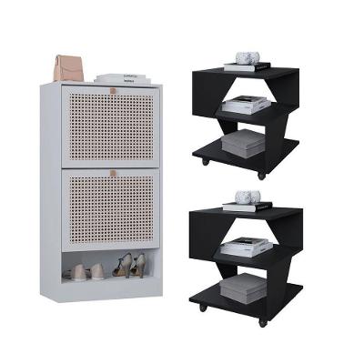 Kit Sapateira 2 Portas E 2 Mesas De Cabeceira-centro Poquema Preto-branco