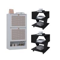 Kit Sapateira 2 Portas E 2 Mesas De Cabeceira-centro Poquema Preto-branco - 1