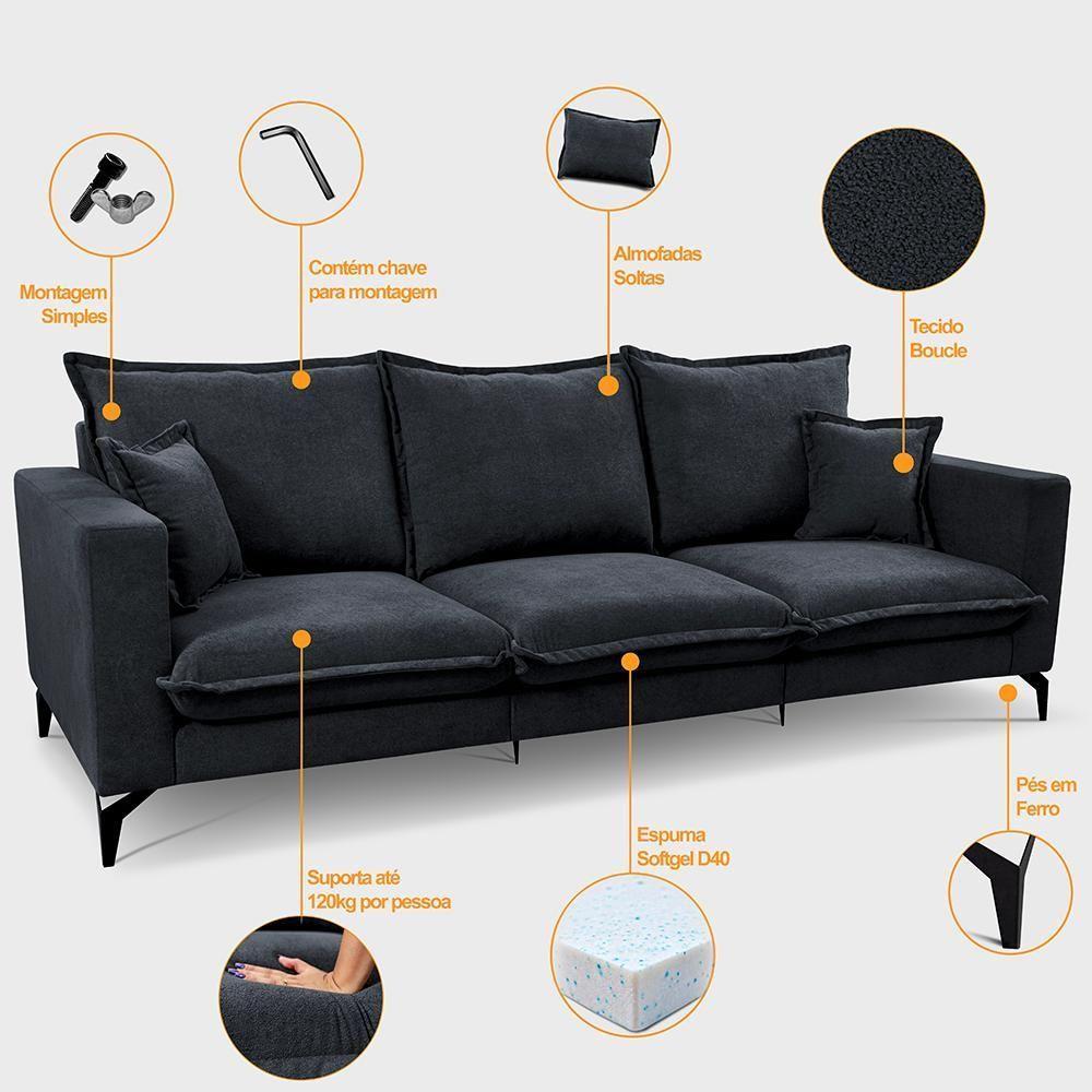 Sofá 3 Lugares Modular Boma. 2,40m Boucle Sofá Inbox Cinza Escuro - 4