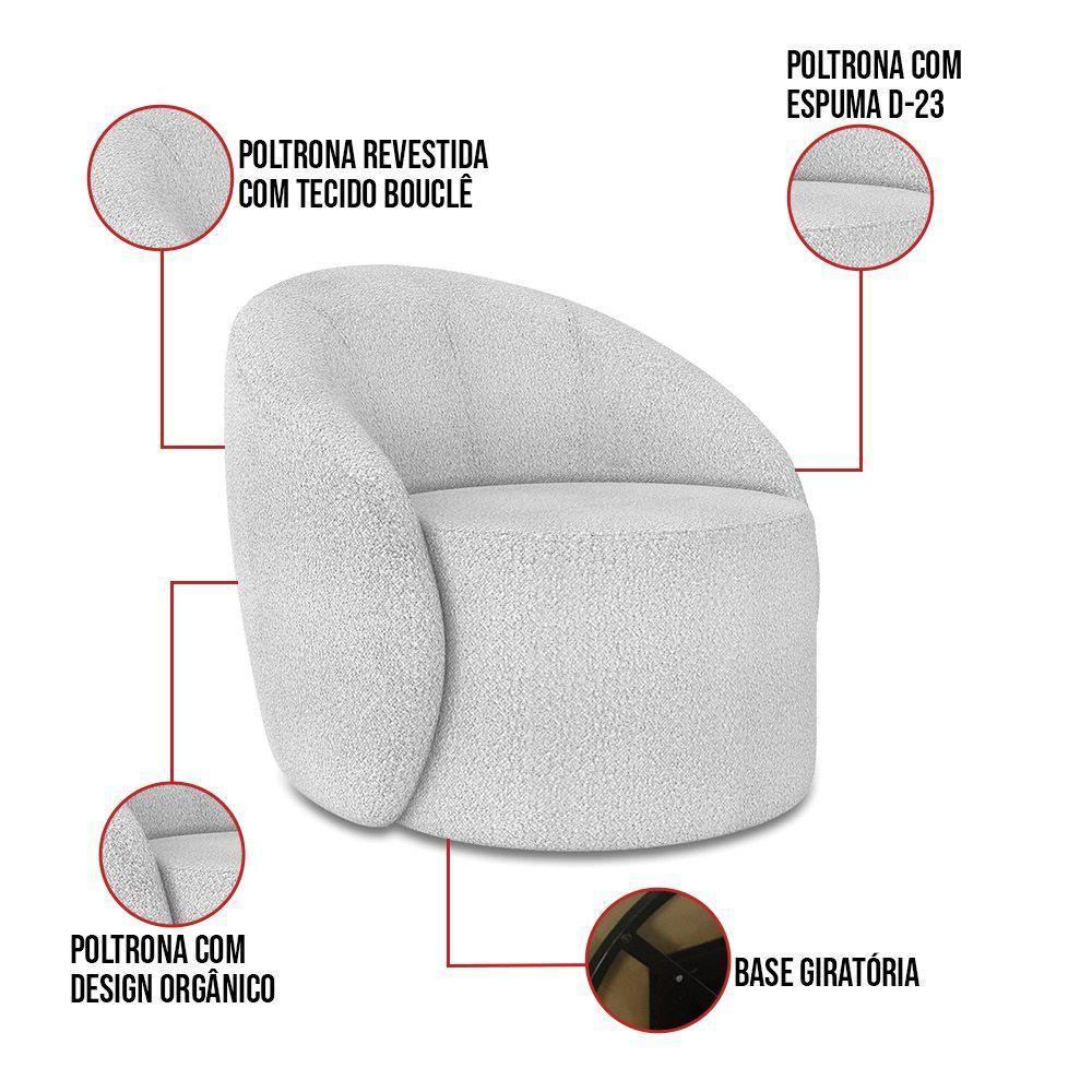 Sofá 3 Lugares Orgânico 180cm Morgan E 2 Poltronas Lua Bouclê Cinza - 3