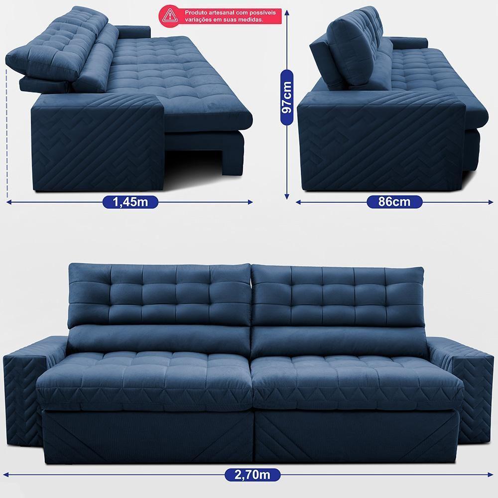 Sofá Retrátil E Reclinável 2,70m Molas Ensacadas Max Spring. Velusoft Cama Inbox Azul - 3
