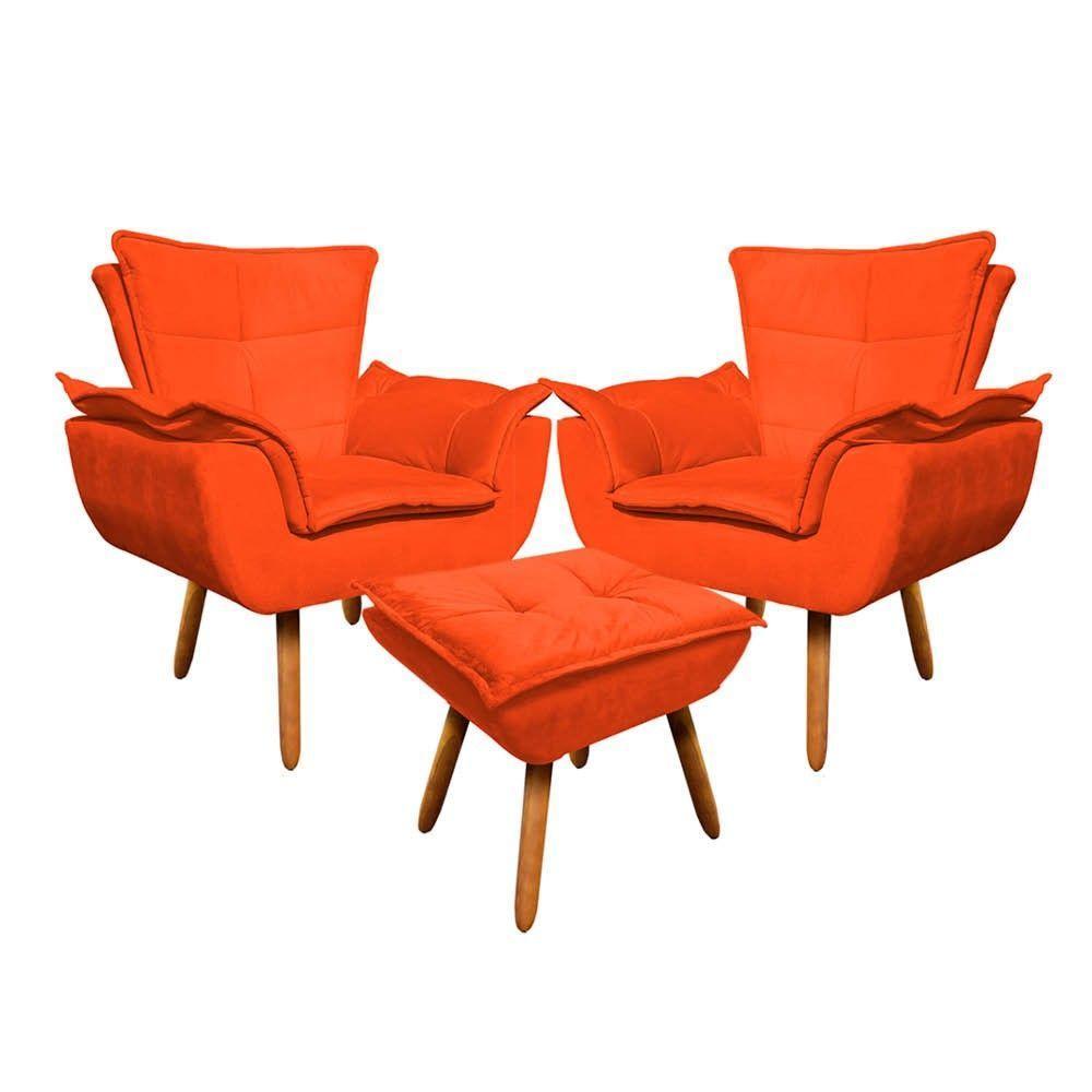 Kit 02 Poltronas Opala Com 01 Puff Opala Suede Pés Palito Castanho DRossi Laranja - 1