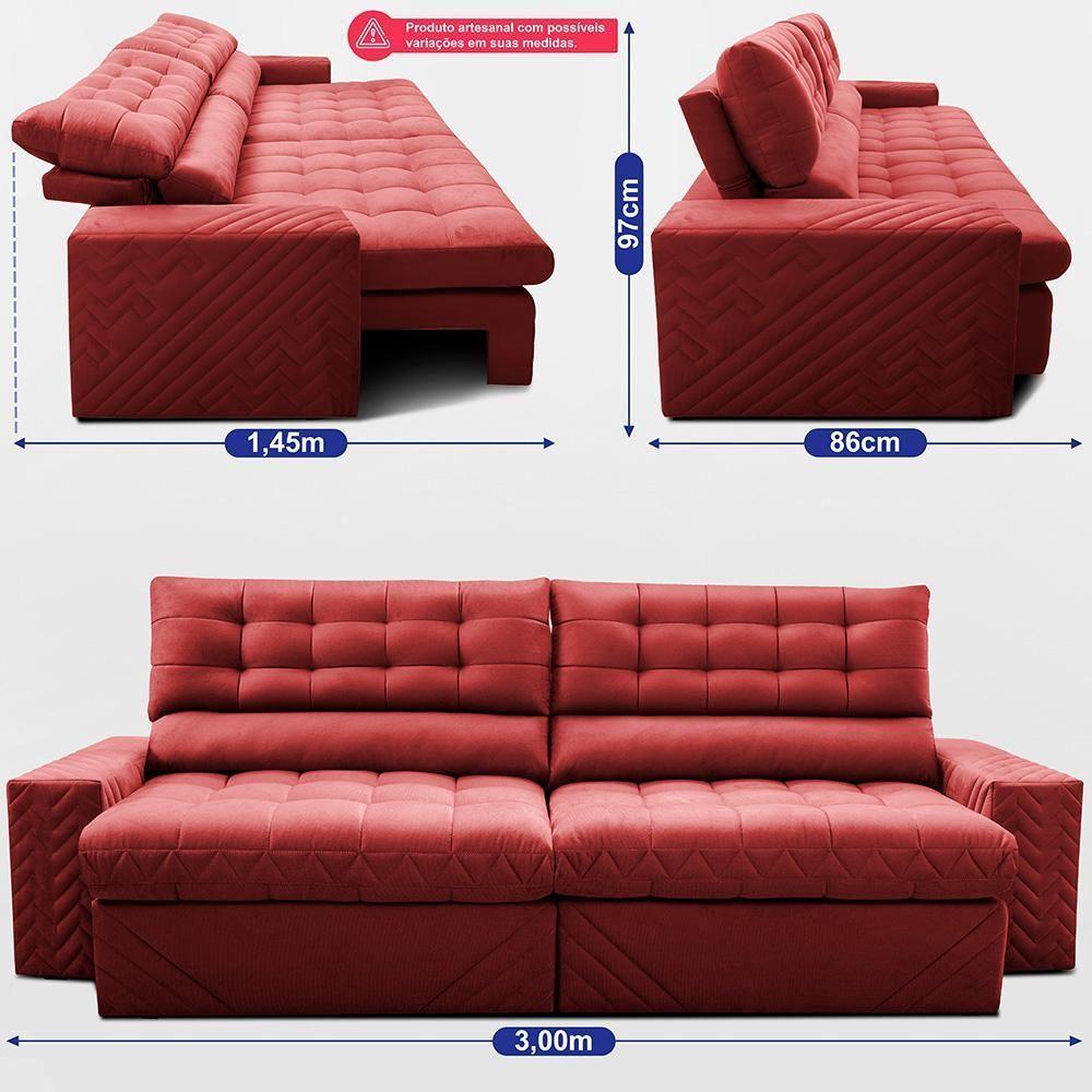 Sofá Retrátil E Reclinável 3,00m Molas Ensacadas Max Spring. Velusoft Cama Inbox Vermelho - 3
