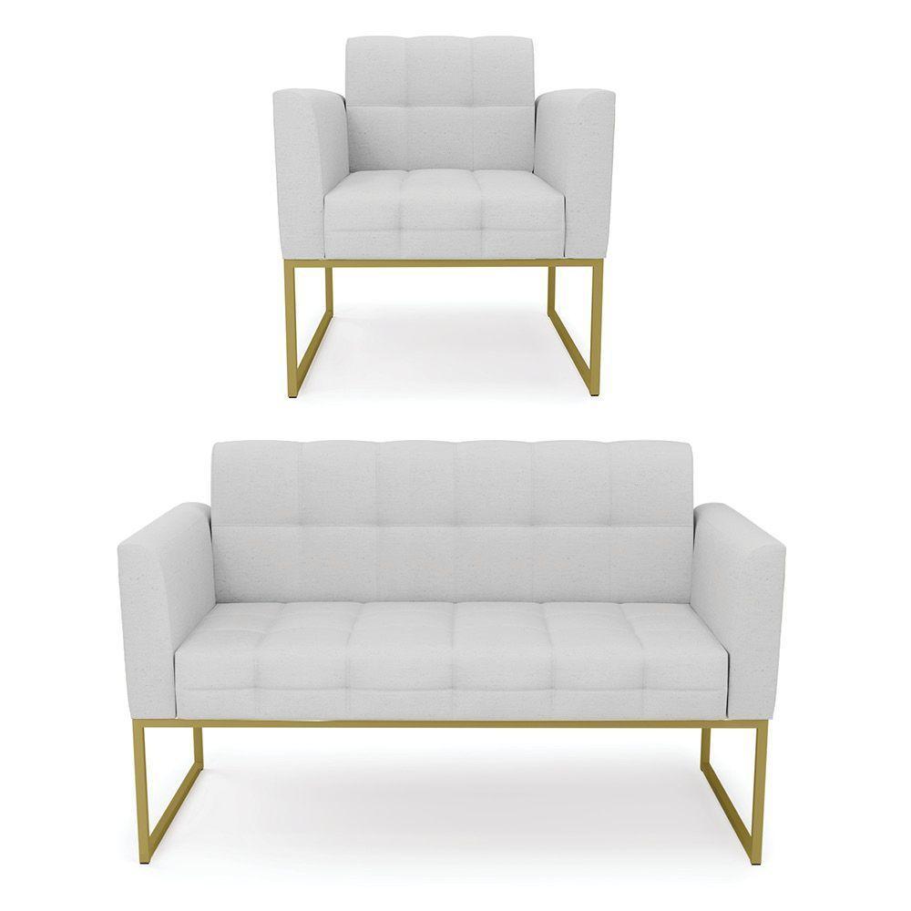 Kit 1 Sofá Namoradeira E 1 Poltrona Elisa Linho Cinza A05 Base Metálica Industrial Dourado D03 - DRossi - 1