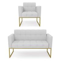 Kit 1 Sofá Namoradeira E 1 Poltrona Elisa Linho Cinza A05 Base Metálica Industrial Dourado D03 - DRossi - 1