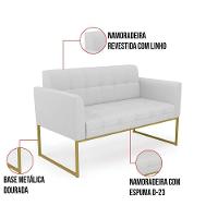 Kit 1 Sofá Namoradeira E 1 Poltrona Elisa Linho Cinza A05 Base Metálica Industrial Dourado D03 - DRossi