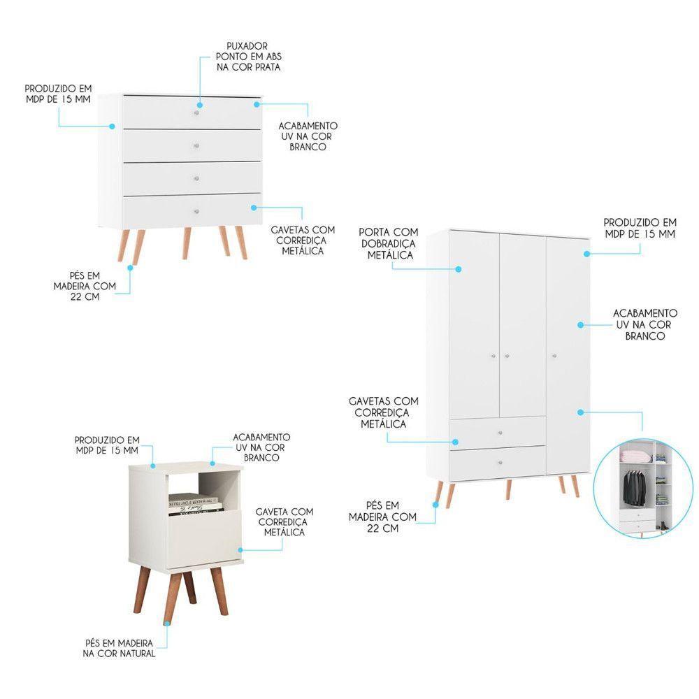Kit Completo Quarto Guarda Roupa Cômoda Mesa Menu Móveis Branco - 4