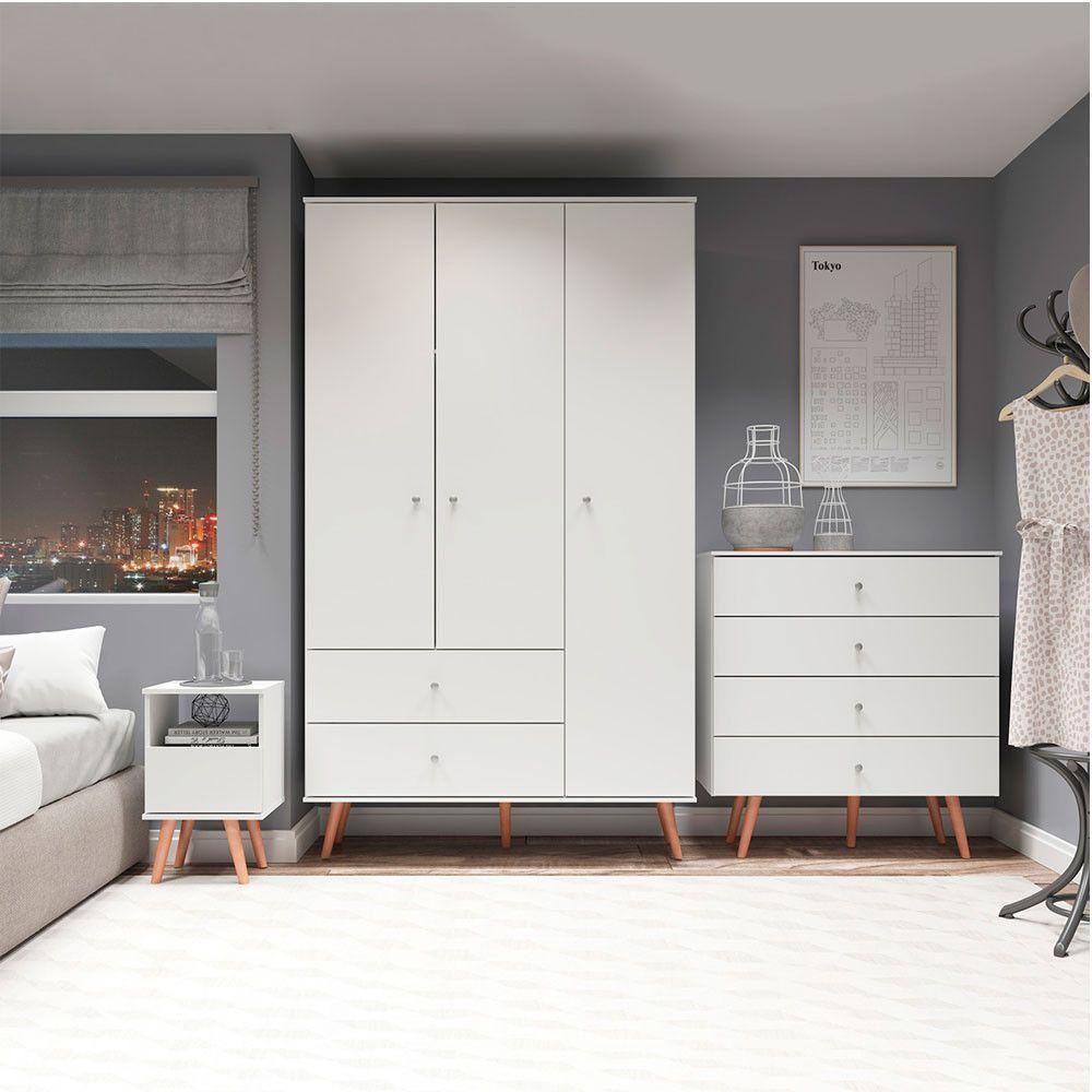 Kit Quarto Guarda-roupa Cômoda Mesa De Cabeceira Menu Móveis Branco - 1