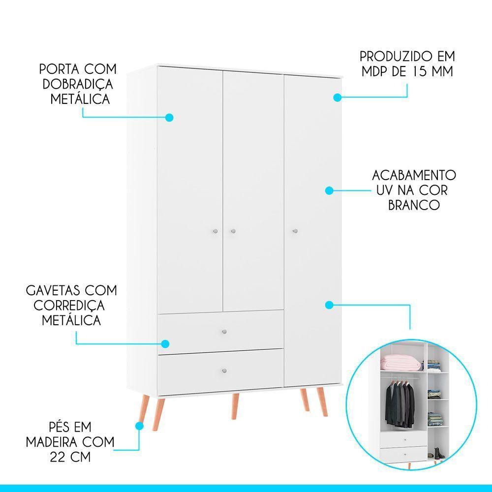Kit Quarto Guarda-roupa Cômoda Mesa De Cabeceira Menu Móveis Branco - 2