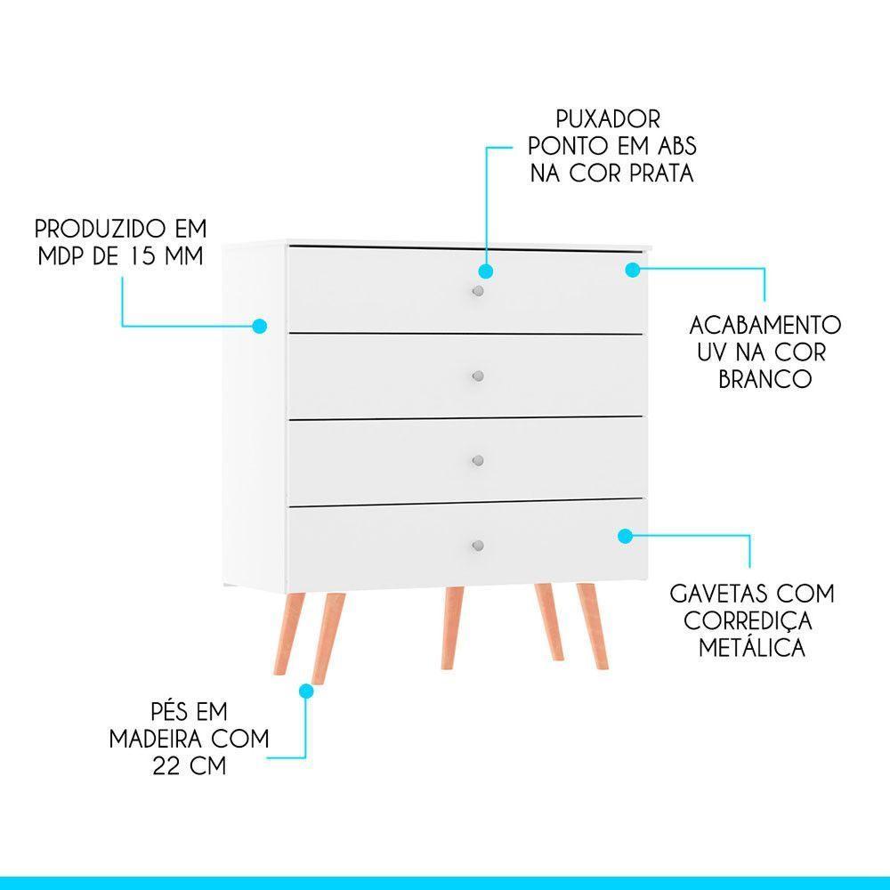 Kit Quarto Guarda-roupa Cômoda Mesa De Cabeceira Menu Móveis Branco - 3
