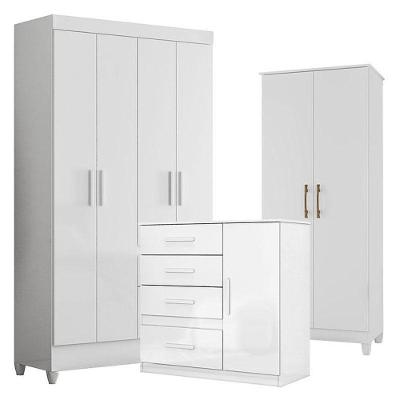 Guarda Roupa Infantil Madri Com Cômoda Vênus E Armário Multiuso Jade Branco Brilho – Moval