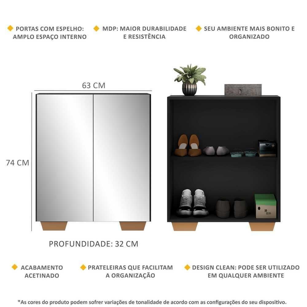 Sapateira 2 Portas Com Espelho Nina Preta/natural - 5