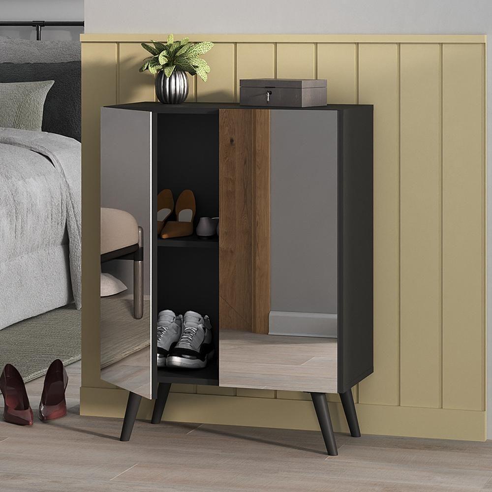 Sapateira 2 Portas Retrô Com Espelho Nina Preta - 3