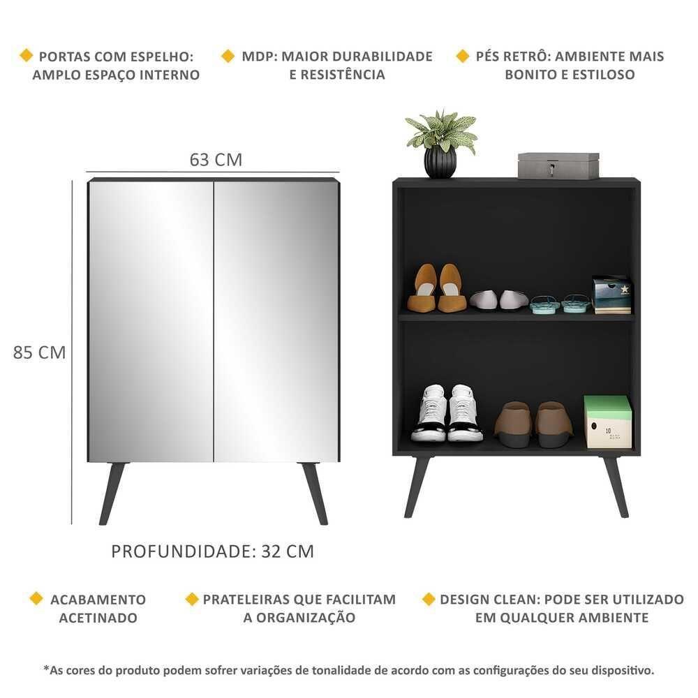 Sapateira 2 Portas Retrô Com Espelho Nina Preta - 4